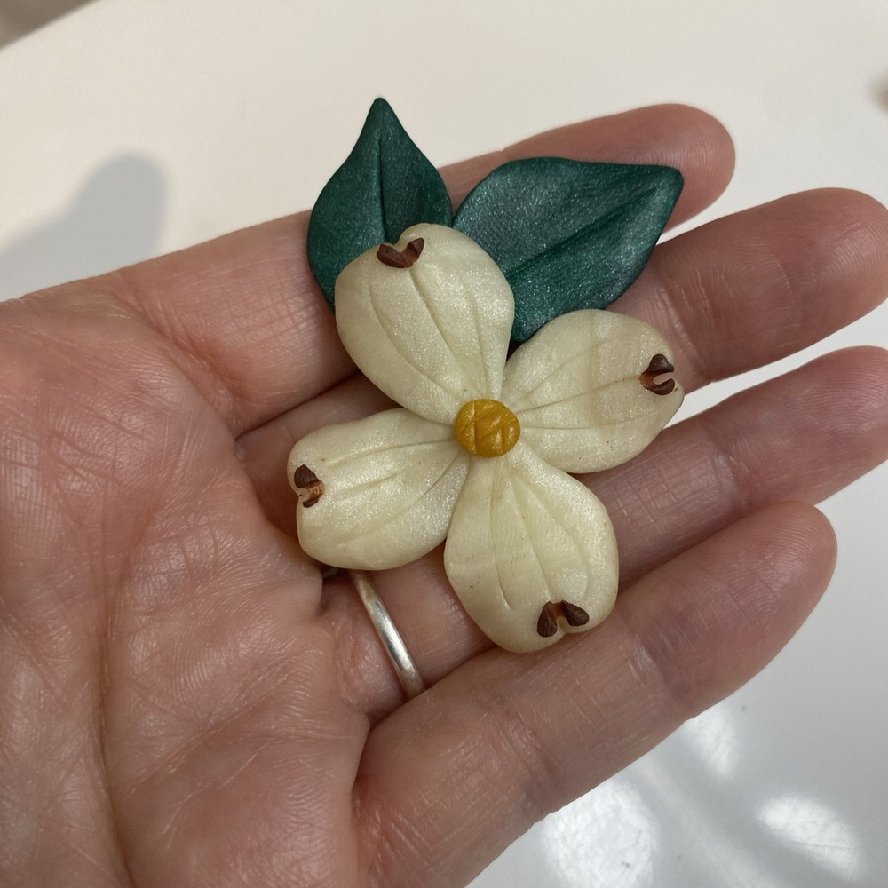 Vintage Porcelain Dogwood Flower Brooch Pin White Yellow Center Mothers Day Gift